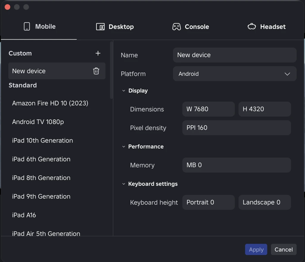 Device Manager showing device categories, standard and custom devices, and custom device configuration fields.