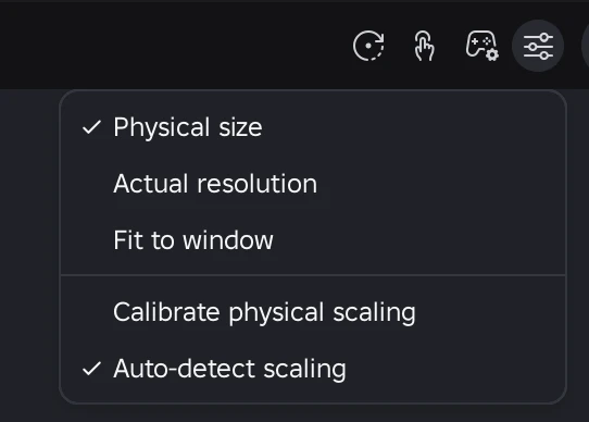 Display scaling menu with physical size, actual resolution, fit to window, calibration, and auto-detection options.