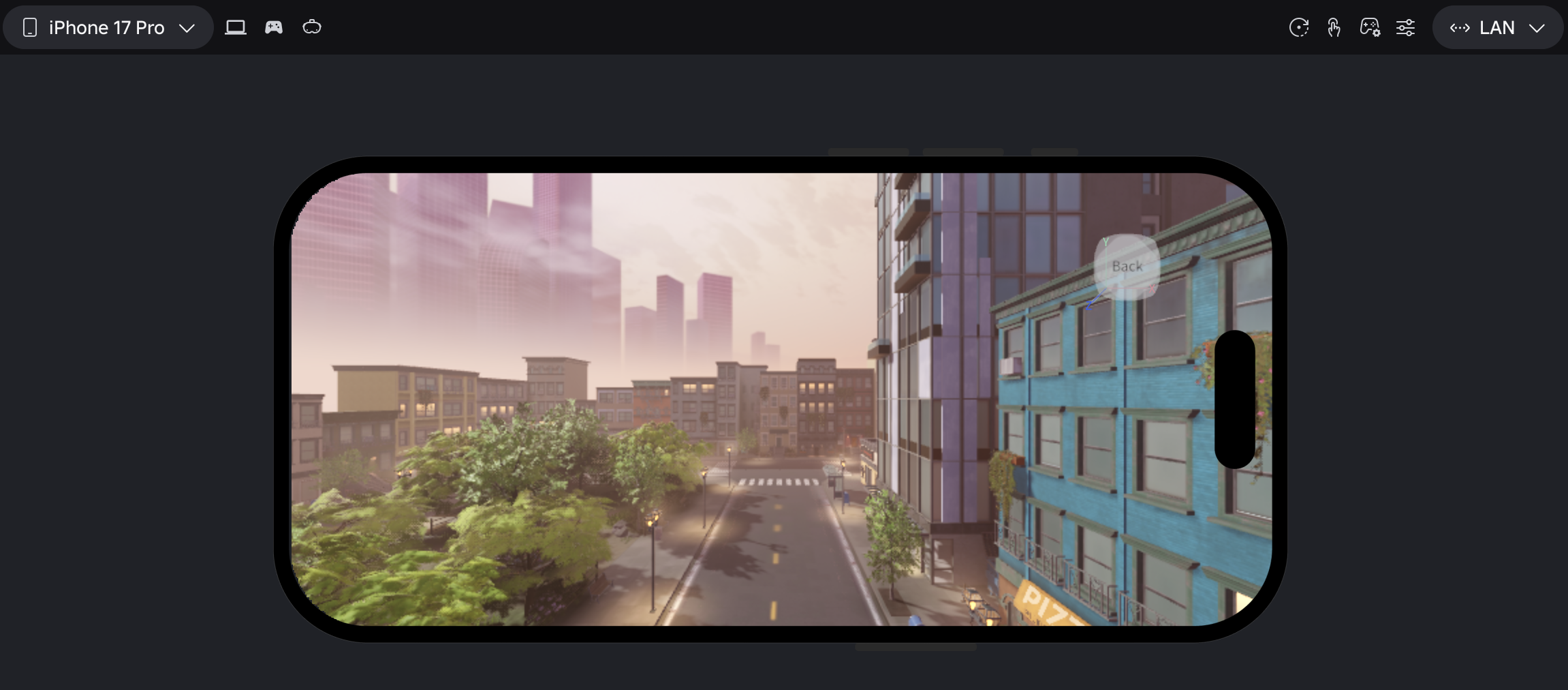 Device Simulator toolbar showing an iPhone selected above the Studio viewport.