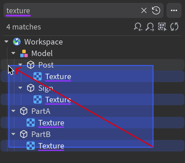 Image showing how only matching objects inside the selection box are selected within a searched hierarchy