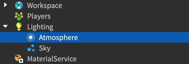 Atmosphere object shown in Explorer window of Studio