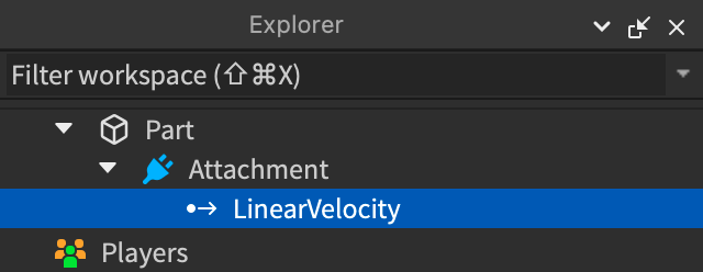 New LinearVelocity in Explorer window.