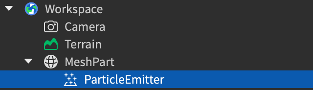 ParticleEmitter object as child of MeshPart in Explorer hierarchy