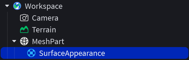 A SurfaceAppearance object parented within a MeshPart in Studio's Explorer window.
