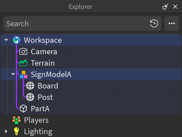Explorer hierarchy showing Camera, Terrain, and SignModel as children of Workspace; Board and Post as children of SignModel
