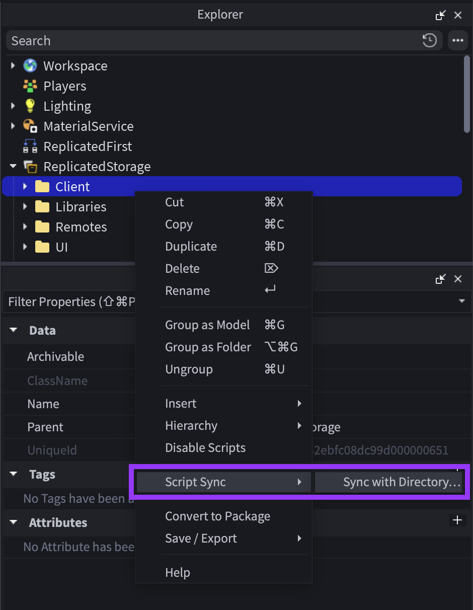 The Explorer window with the Script Sync menu expanded.