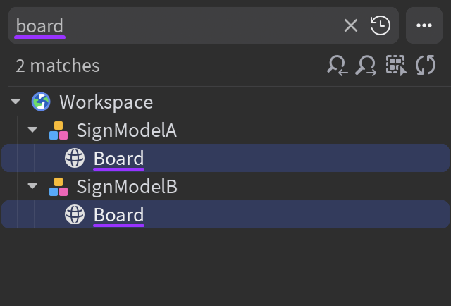 Image showing how only matching objects are selected in a searched hierarchy using the Select All shortcut