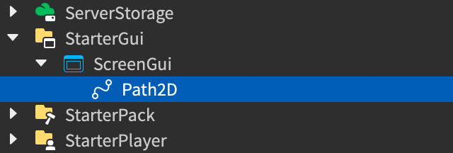 Path2D instance parented to a ScreenGui in the Explorer hierarchy.