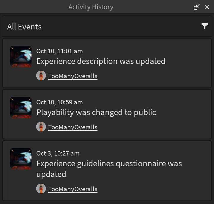 A view of the Activity History window showing various changes and updates.
