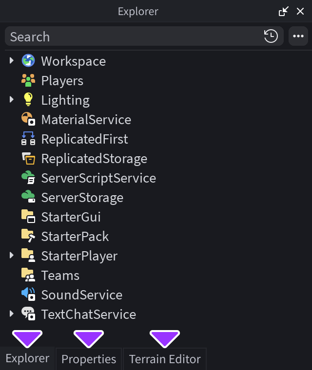 An example of an Explorer window if you choose the center icon of the position selection. It includes three tabs at the bottom of the window: the Explorer window, the Properties window, and the Terrain Editor window.