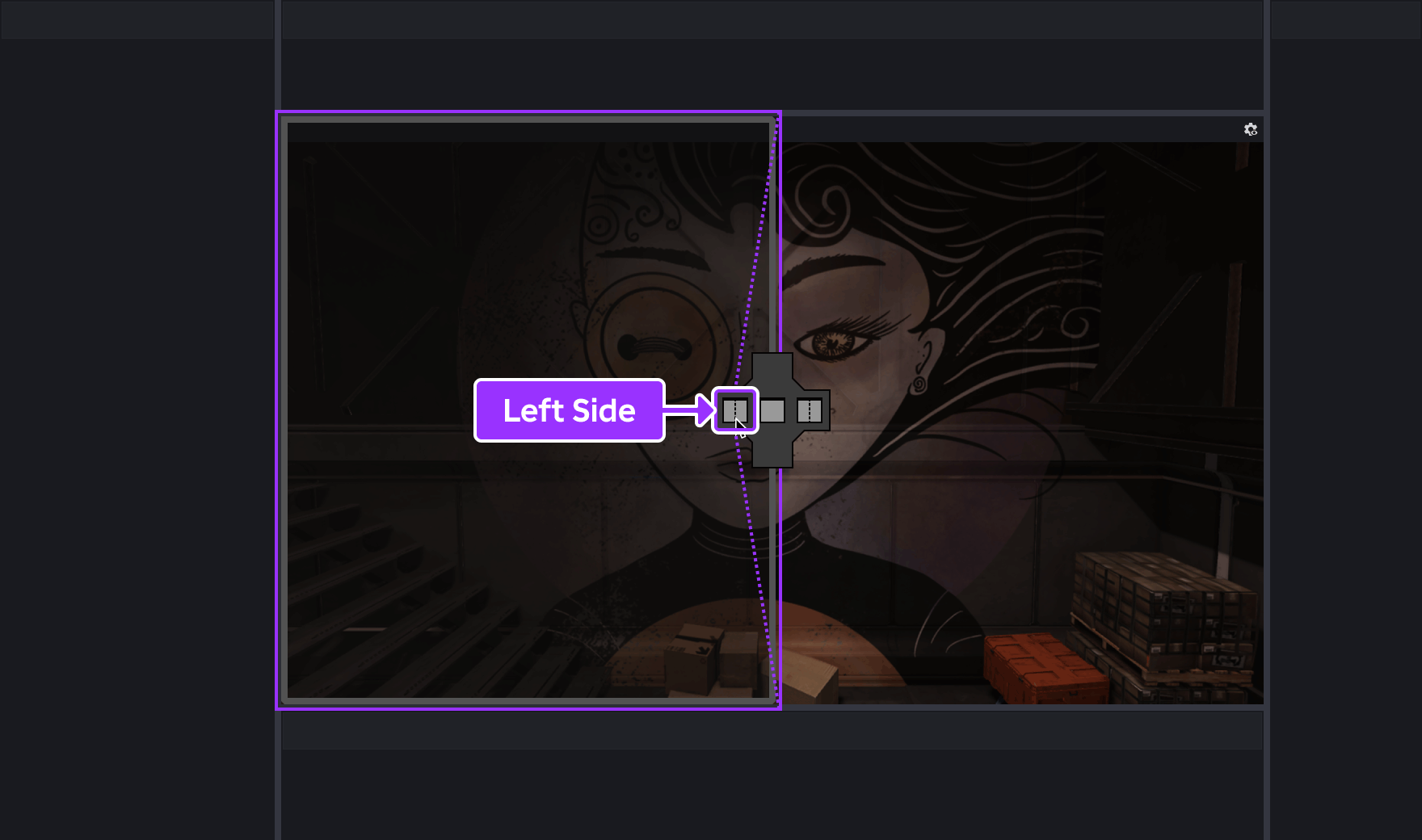Mouse pointer hovering over the 'left half' icon of the position selector in a populated region, showing the left side of the region as the dragged window's destination.