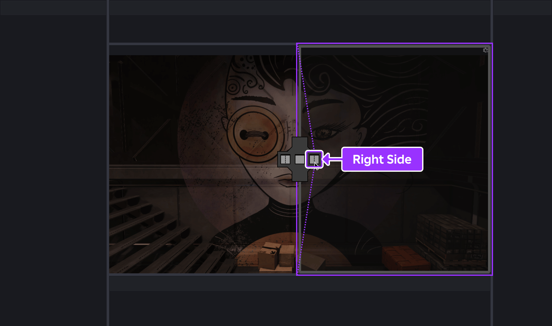 Mouse pointer hovering over the 'right half' icon of the position selector in a populated region, showing the right side of the region as the dragged window's destination.