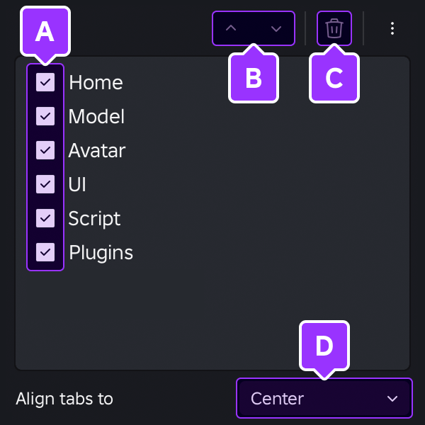 The Manage Tabs popup in Studio.