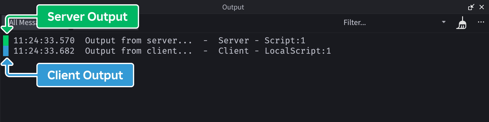 Output window showing green label for server output and blue label for client output