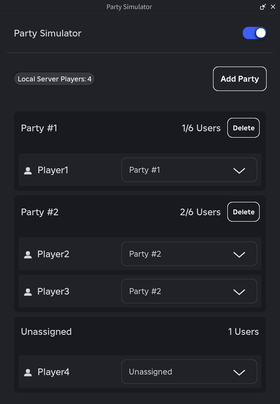Party Emulator displaying simulated parties and various assignment options