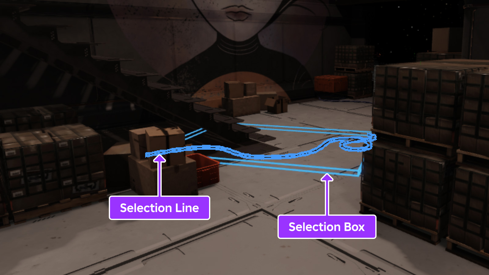 A warehouse environment with rope object's selection outline and bounding box highlighted.