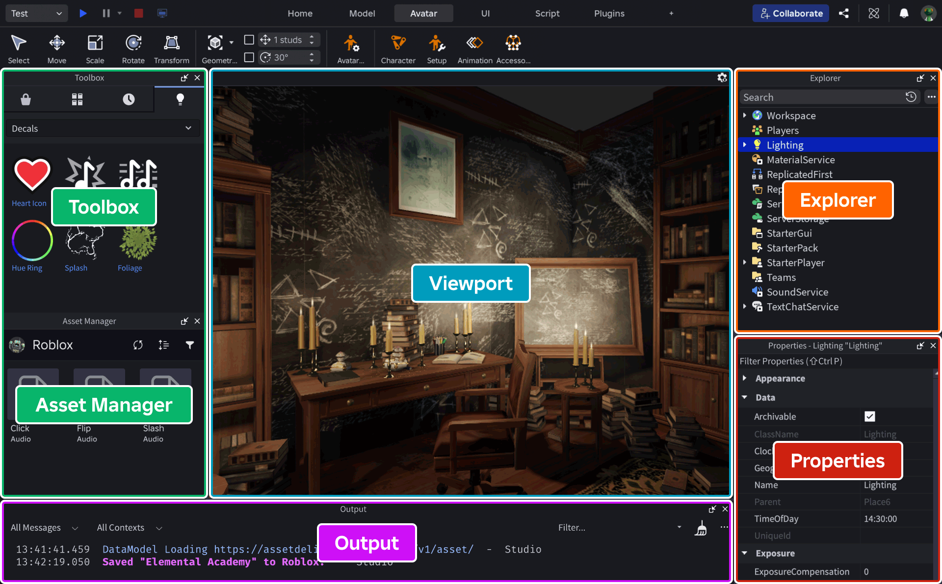 The Roblox Studio user interface with markup to show the various windows and panels.