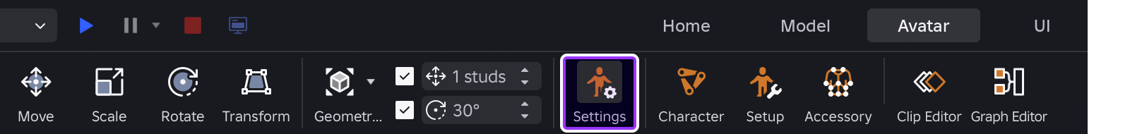 Avatar Settings indicated in Studio's toolbar