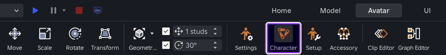 Character button highlighted in Studio's toolbar.