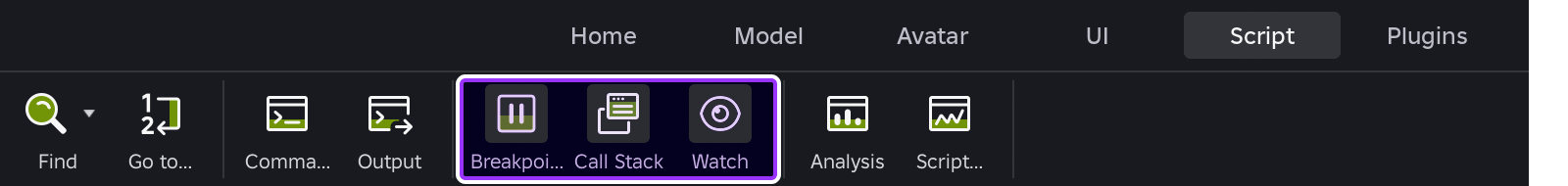 Breakpoints button indicated in Studio's toolbar