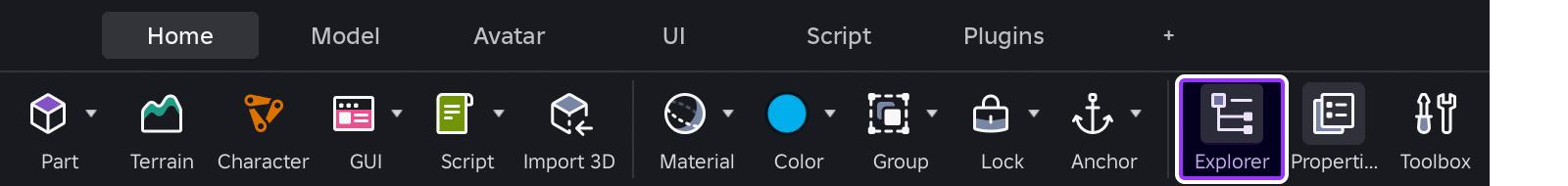 Explorer highlighted in Studio's toolbar.