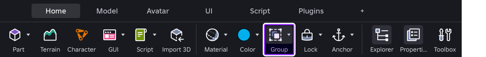 Group tool indicated in Studio's toolbar