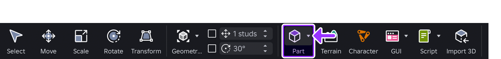 Part tool and its part type picker menu.