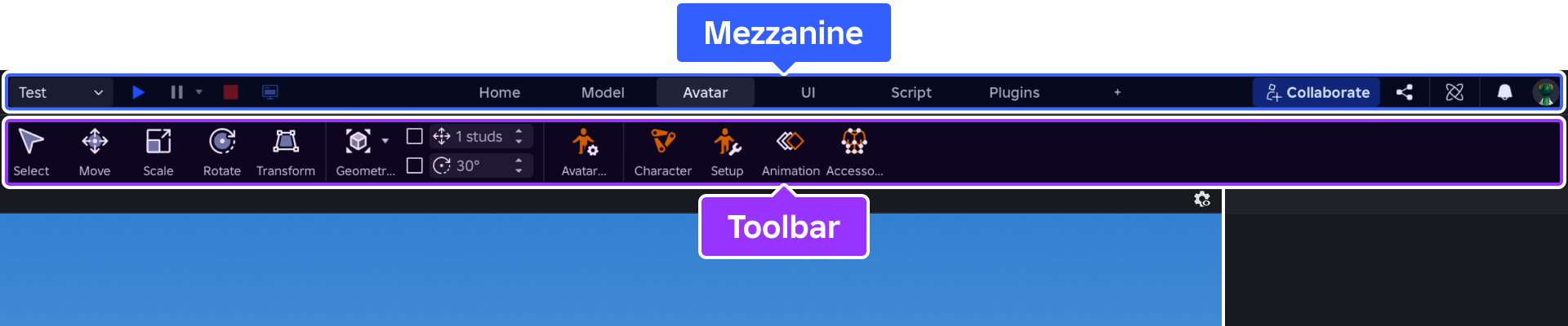 Mezzanine and toolbar indicated in Studio.
