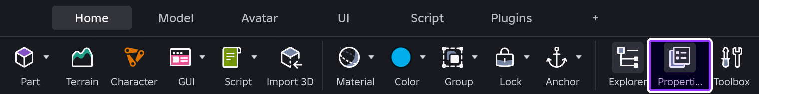Properties highlighted in Studio's toolbar.