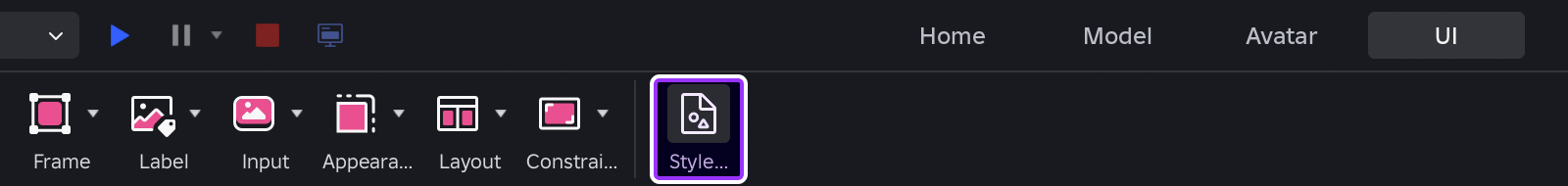 Style Editor tool indicated in UI tab of Studio toolbar