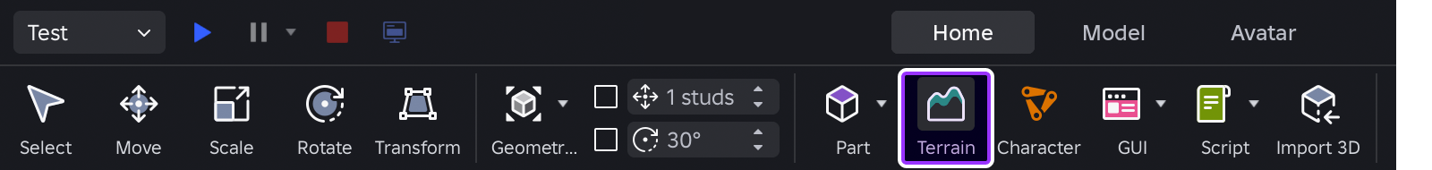 Terrain Editor indicated in Studio's toolbar