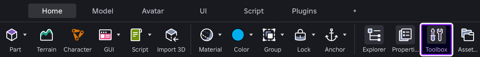 Toolbox highlighted in Studio's toolbar.