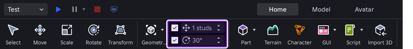 Transform snapping tools indicated in Studio's toolbar.