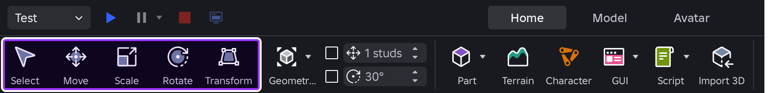 Transform tools indicated in Studio's toolbar.