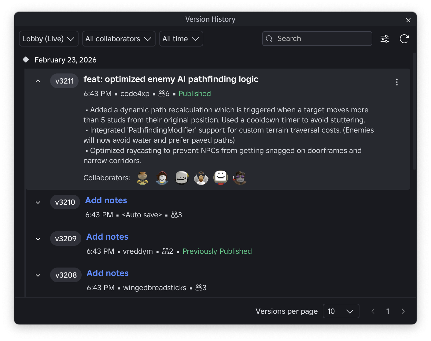 A view of the Version History window.