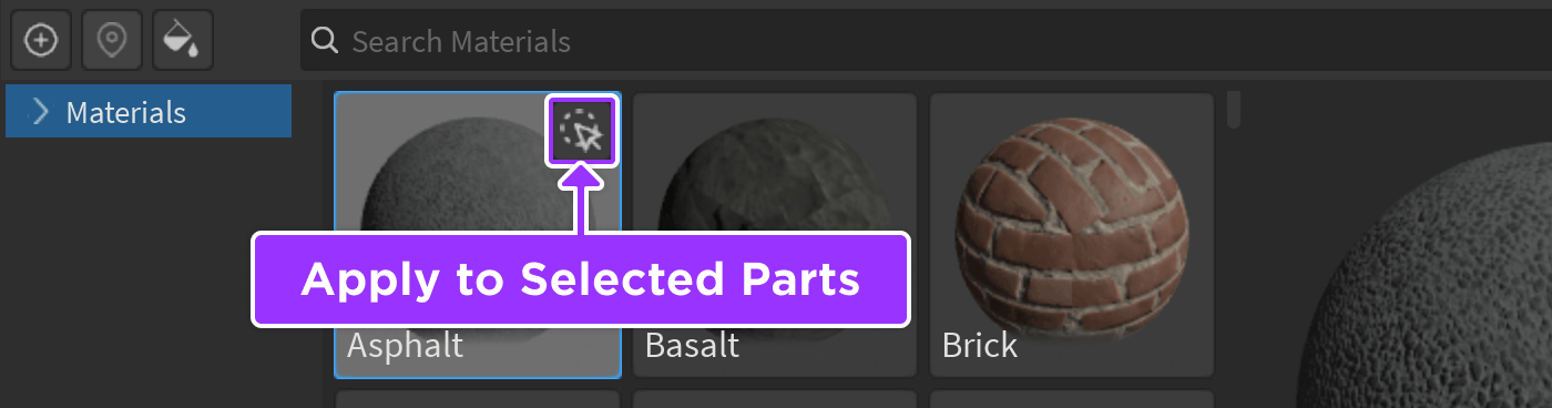 Apply to Selected Parts button indicated in Material Manager