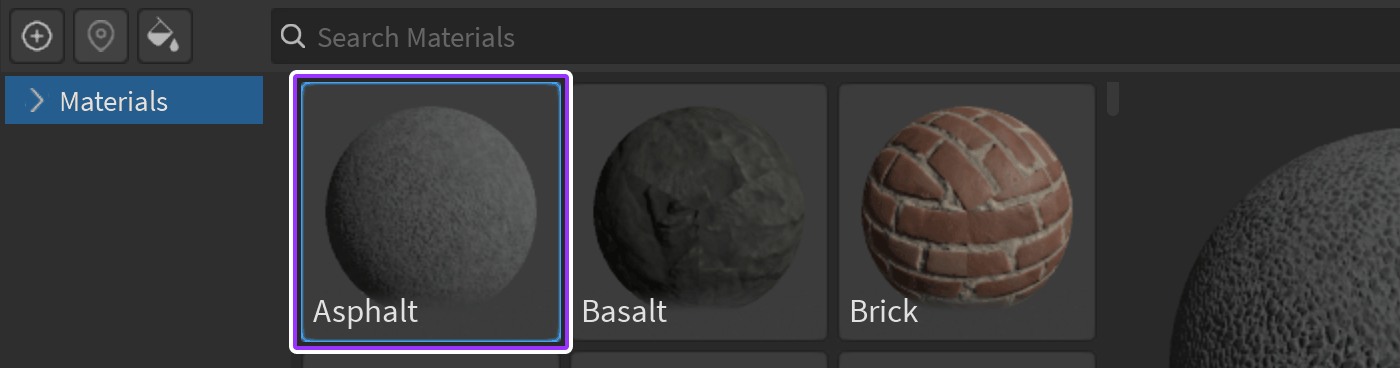 A Base material of Asphalt that's selected in the Material Manager.