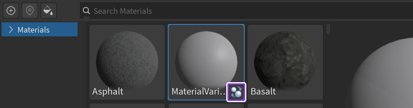 New MaterialVariant tile in Material Manager with icon to indicate a custom material.