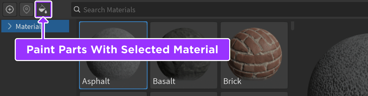 Paint Parts With Selected Material button indicated in Material Manager