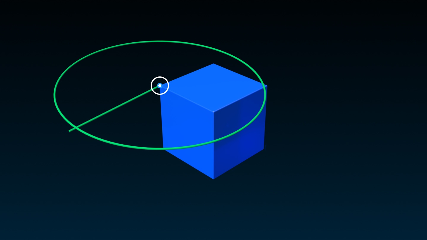 A blue cube with its pivot point set on a corner of the cube. A green circle represents the object's rotation in relation to its pivot point.