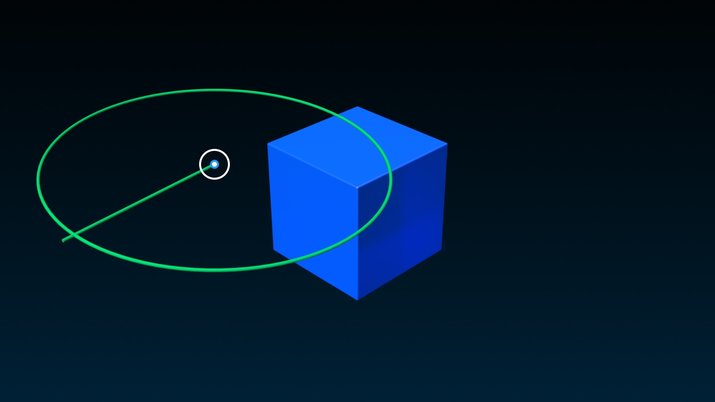 A blue cube with its pivot point set on outside of the cube's geometry. A green circle represents the object's rotation in relation to its pivot point.