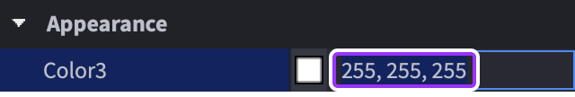 A close of view of the Color3 property with the RGB code highlighted.