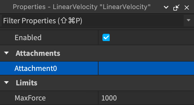 Constraint's Attachment0 property highlighted in Properties window.