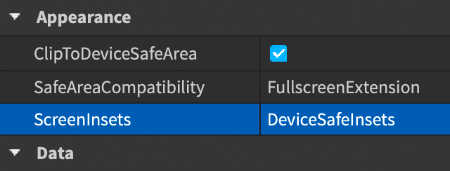 ScreenInsets set to DeviceSafeInsets in the Properties window.
