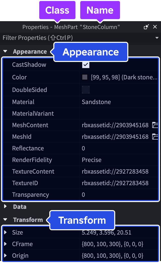 A close up view of the Properties window with the Appearance and Transform properties highlighted.