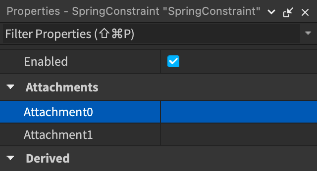 Constraint's Attachment0 property highlighted in the Properties window.