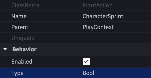 Type property of an InputAction set to Bool