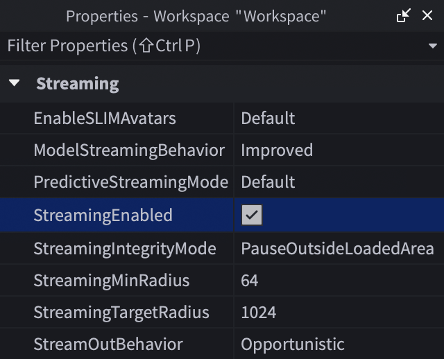 The Properties window with the StreamingEnabled property enabled.