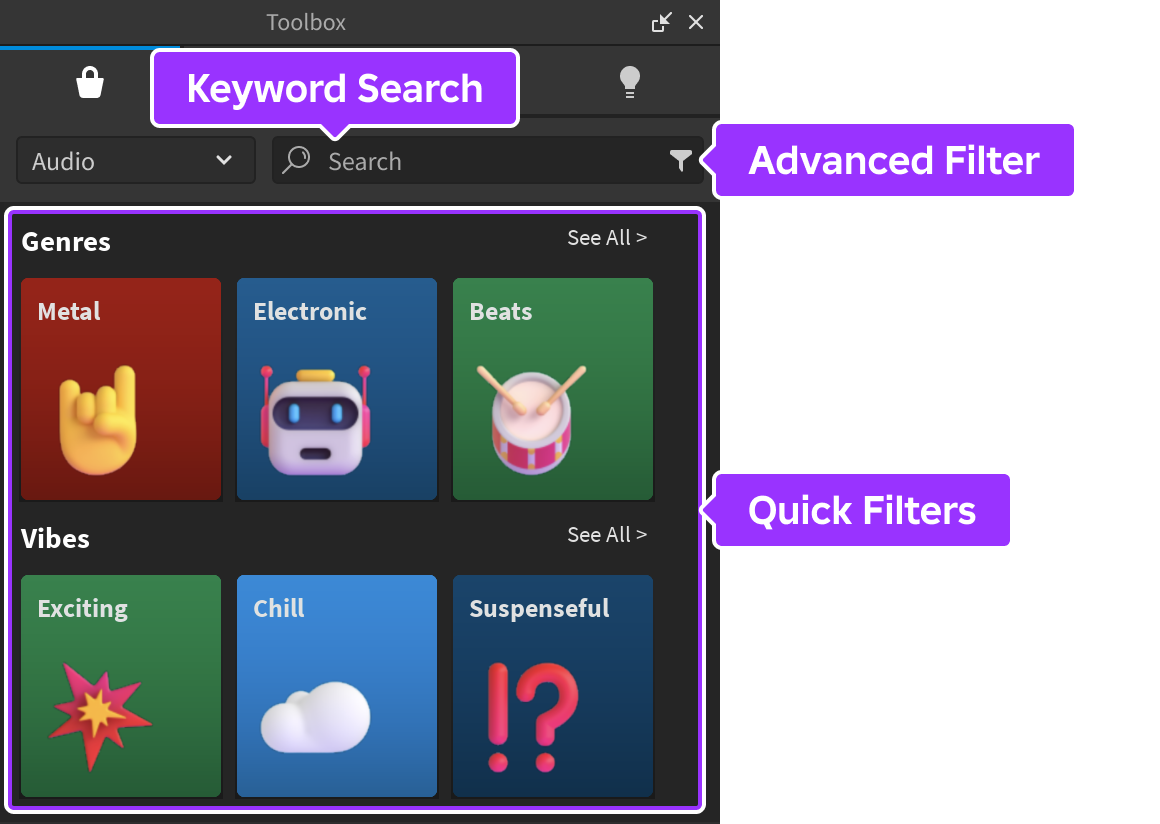 Audio discovery options in Studio's Toolbox