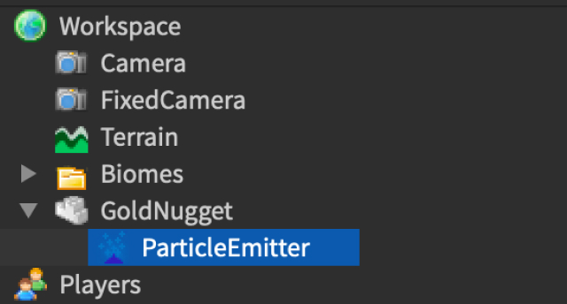 GoldNugget and ParticleEmitter in the Explorer